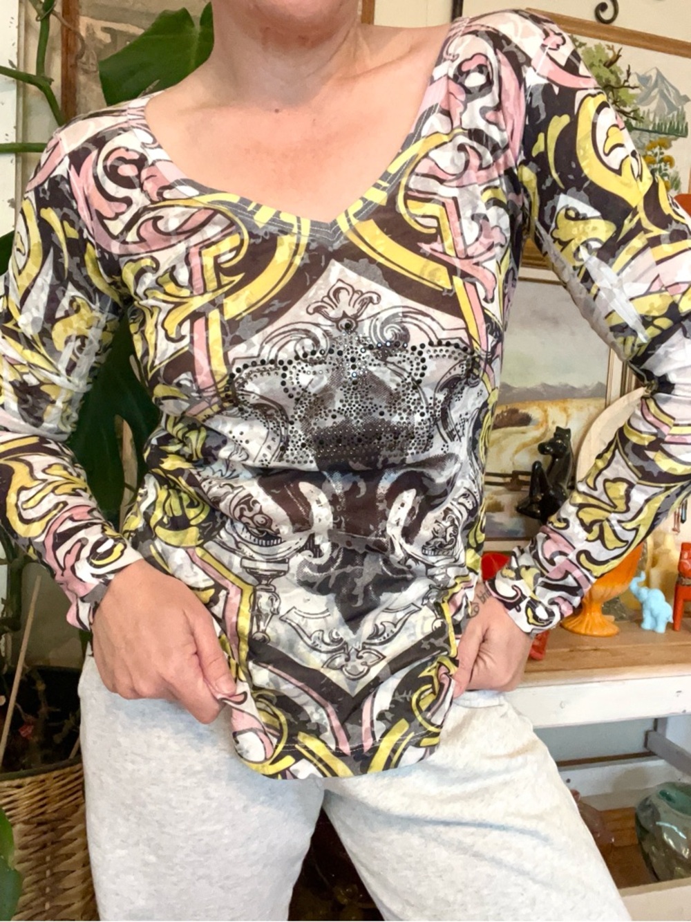 Vintage 90’s Y2K Sledge USA Burn Out Rhinestone Crown Long Sleeve Festival Shirt